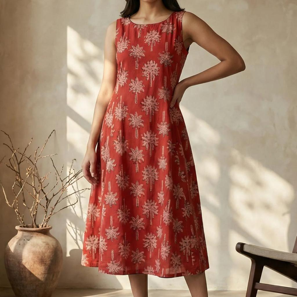 Red Floral Printed Pure Cotton A-line Dress