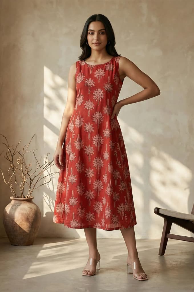 Red Floral Printed Pure Cotton A-line Dress — XS