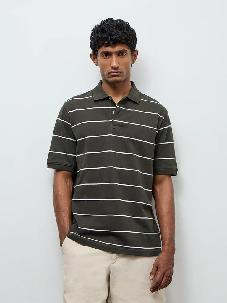 WES Casuals Dark Olive Striped Relaxed-Fit Cotton Polo T-Shirt