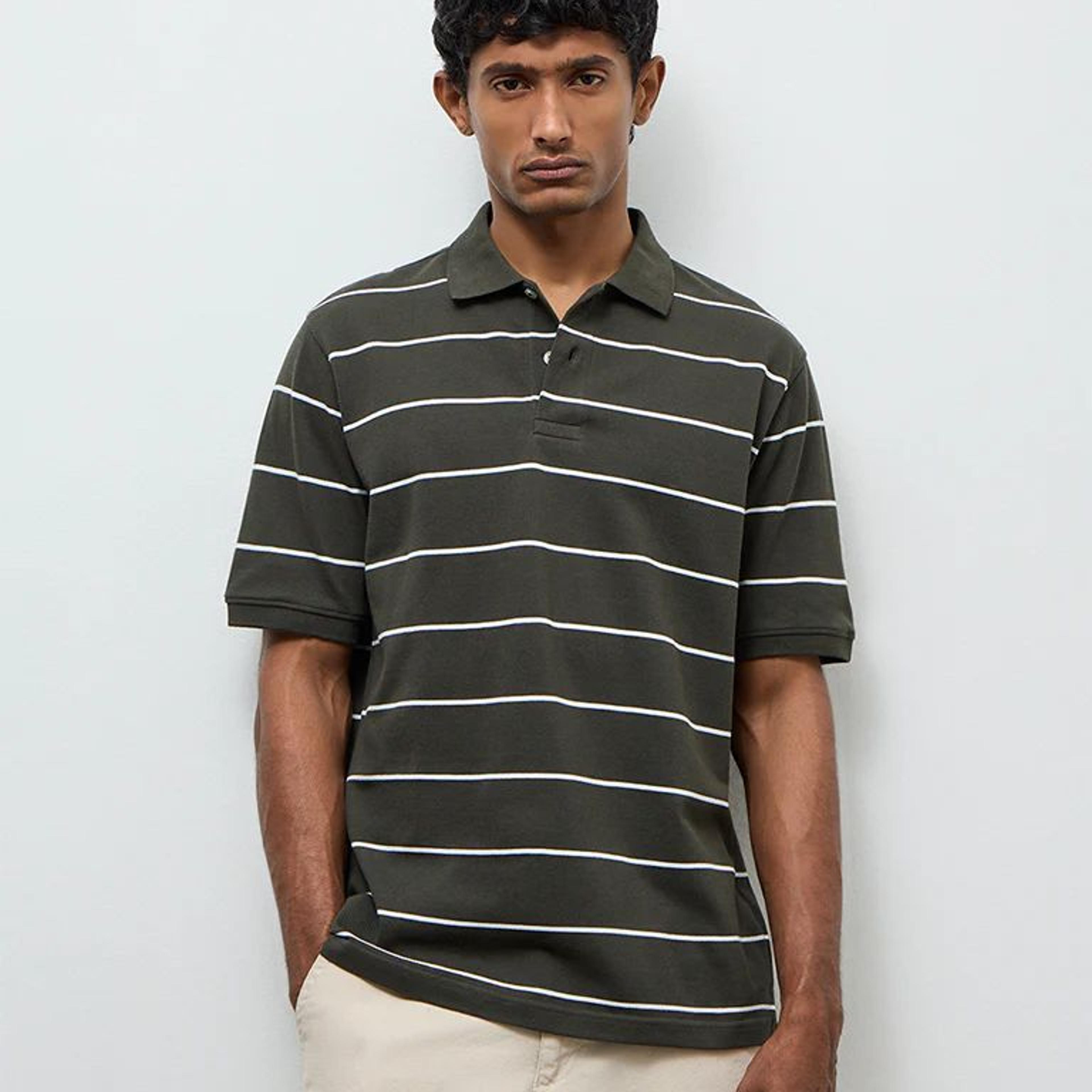 WES Casuals Dark Olive Striped Relaxed-Fit Cotton Polo T-Shirt