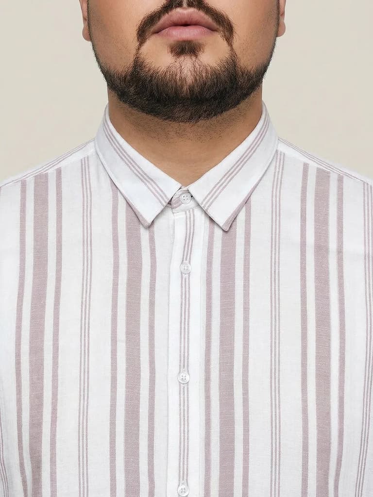Plus Men's Lilac Cotton Full Sleeve Relaxed Fit Linen Striped Shirt with Spread Collar — photo 6
