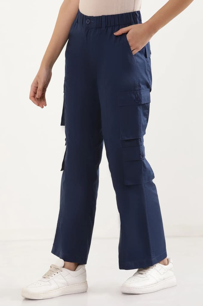 Navy Blue Solid Straight Fit Cotton Cargo Pants With Elasticated Waist — photo 4