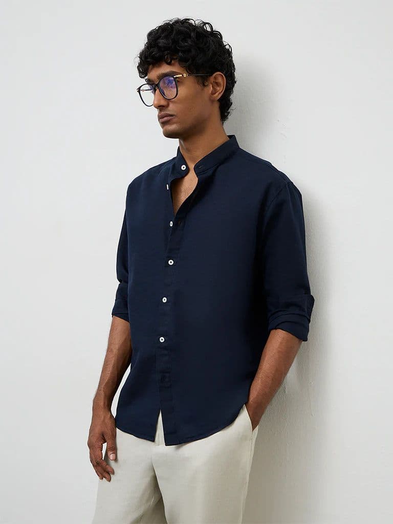 Ascot Navy Relaxed-Fit Linen-Blend Shirt