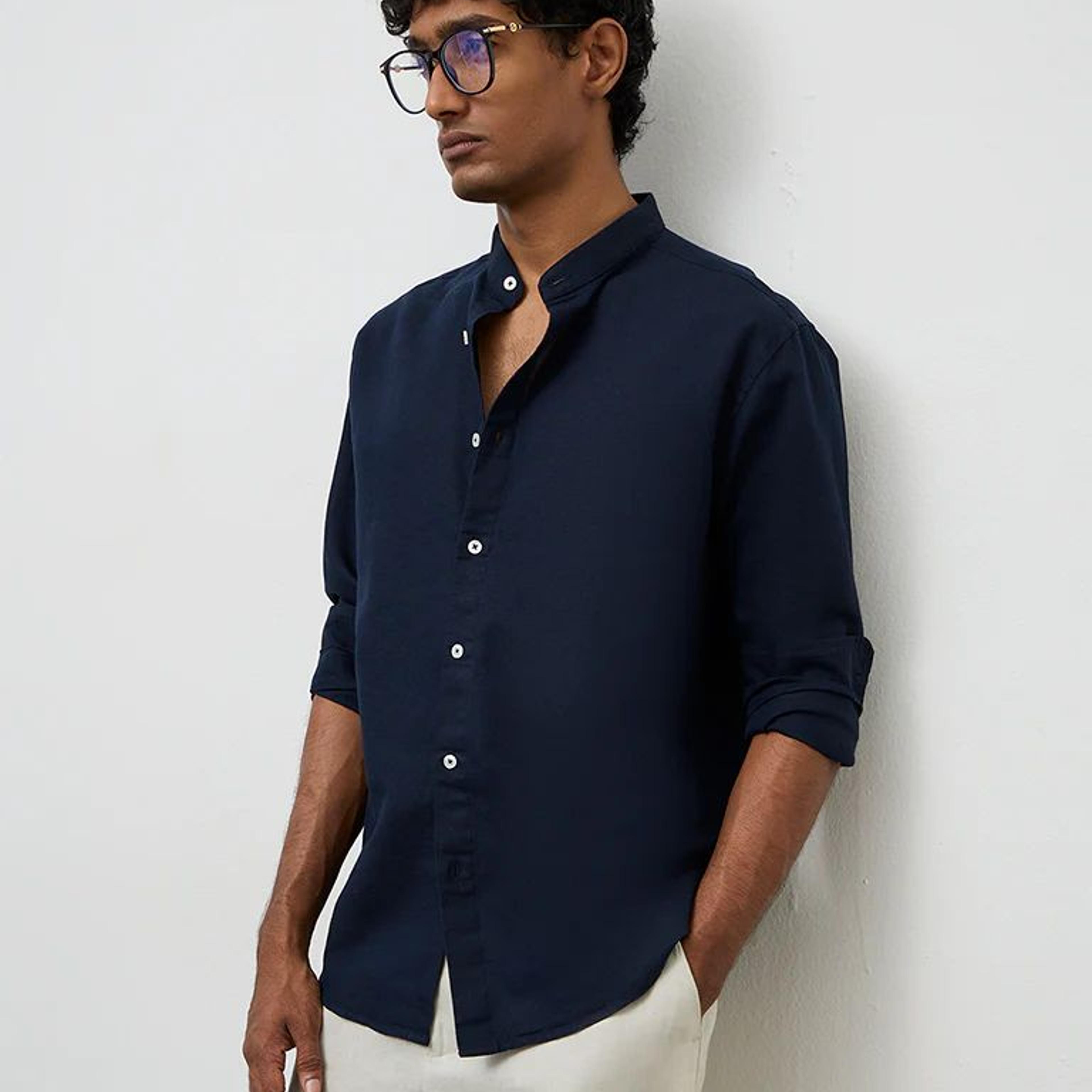 Ascot Navy Relaxed-Fit Linen-Blend Shirt
