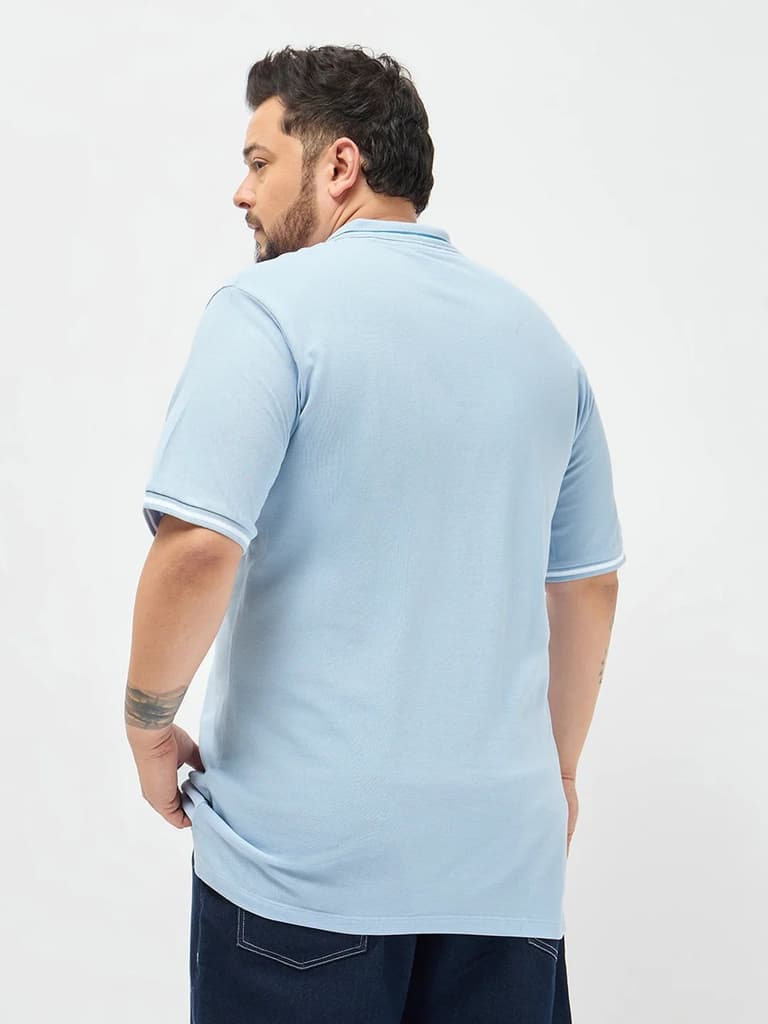 Plus Men's Light Sky Blue Solid Regular Fit Half Sleeve Cotton Polo T-Shirt — photo 3