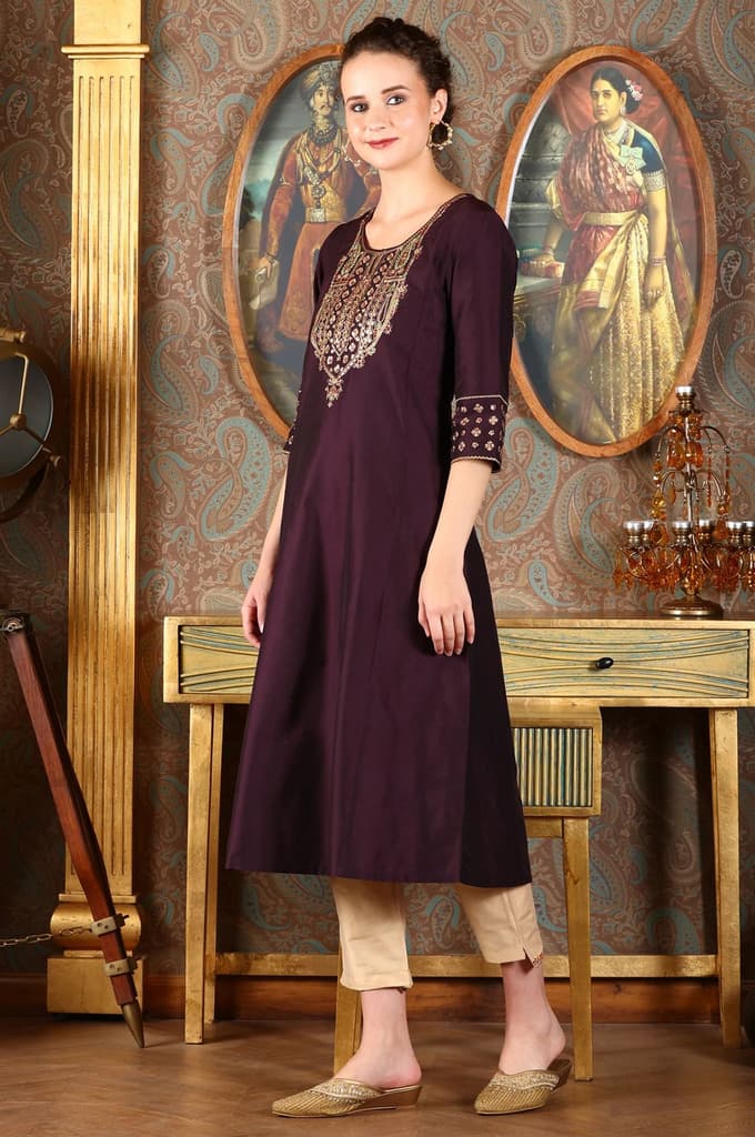 Wine Embroidered A-Line Silk Blend Kurta with Straight Pant and Dupatta Set — photo 6