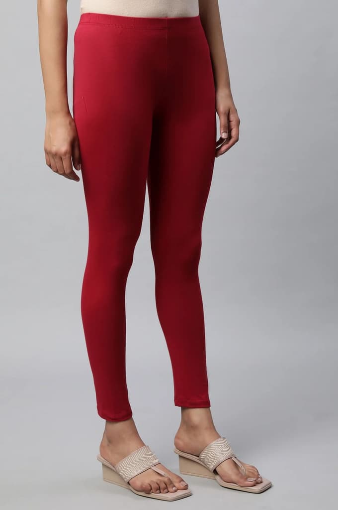 Red Solid Skinny Fit Cotton Tights With Slip On Closure — photo 4