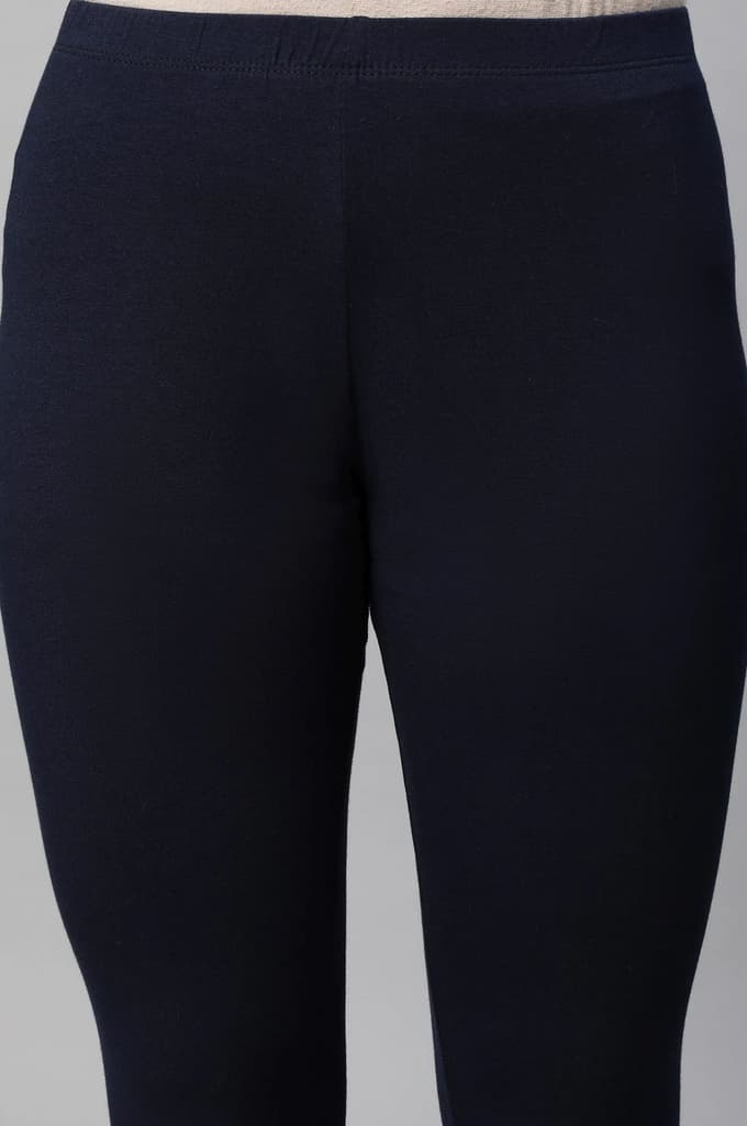 Navy Blue Solid Skinny Fit Cotton Tights With Slip On Closure — photo 7