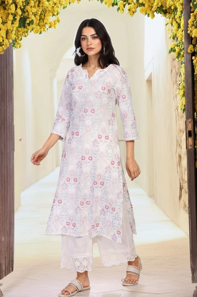 Off-White Embroidered Lace Trim Straight Cotton Kurta with Flared Pant and Dupatta Set — photo 6