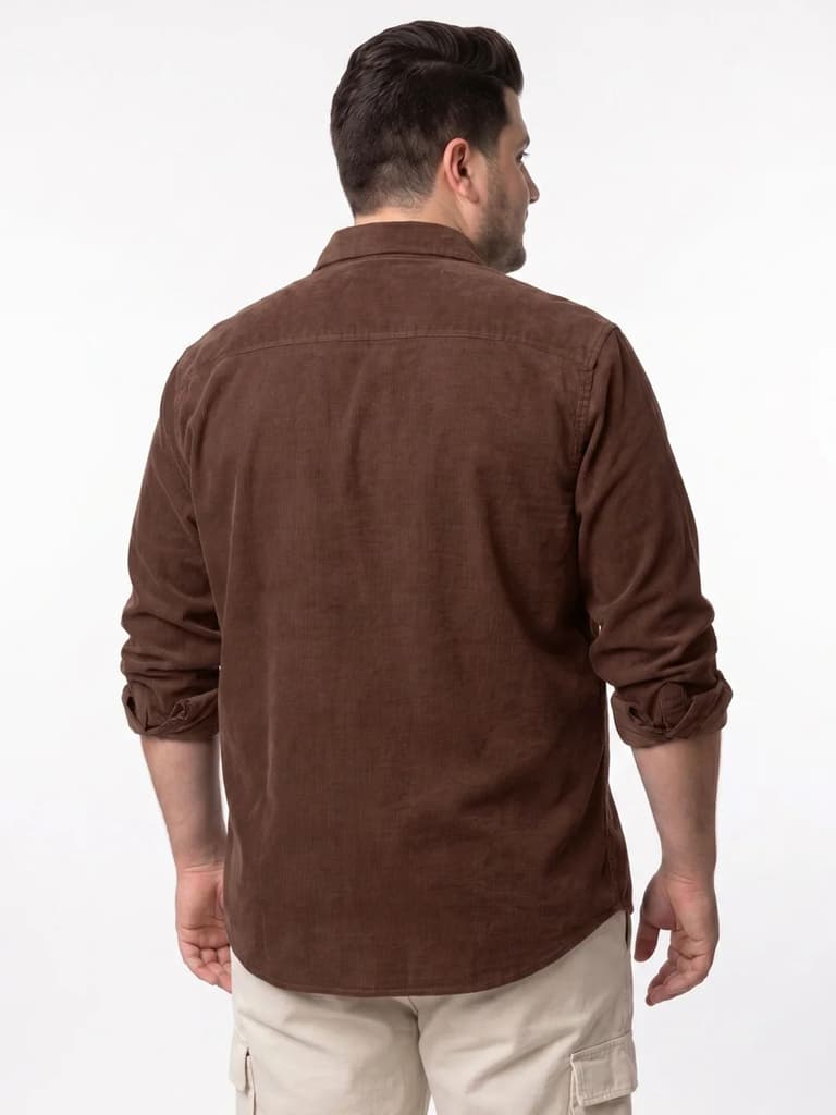 Plus Men's Brown Corduroy Full Sleeve Regular Fit Solid Overshirt with Utility Pockets — photo 3