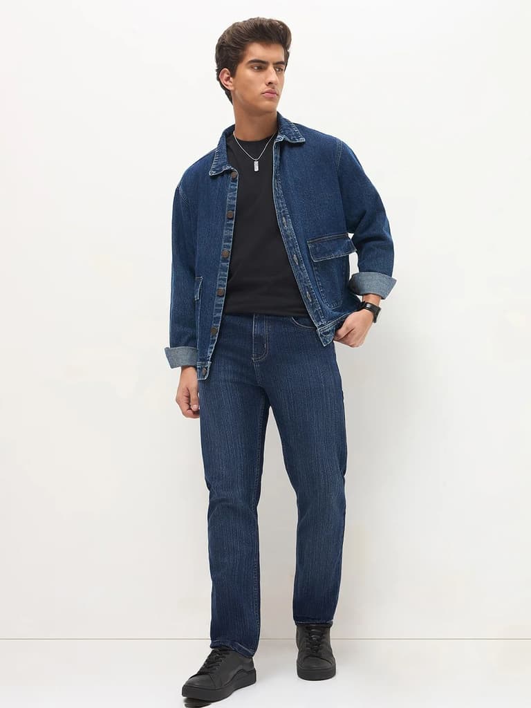 Men's Blue Straight Fit Washed Denim Jeans Stretchable — photo 4