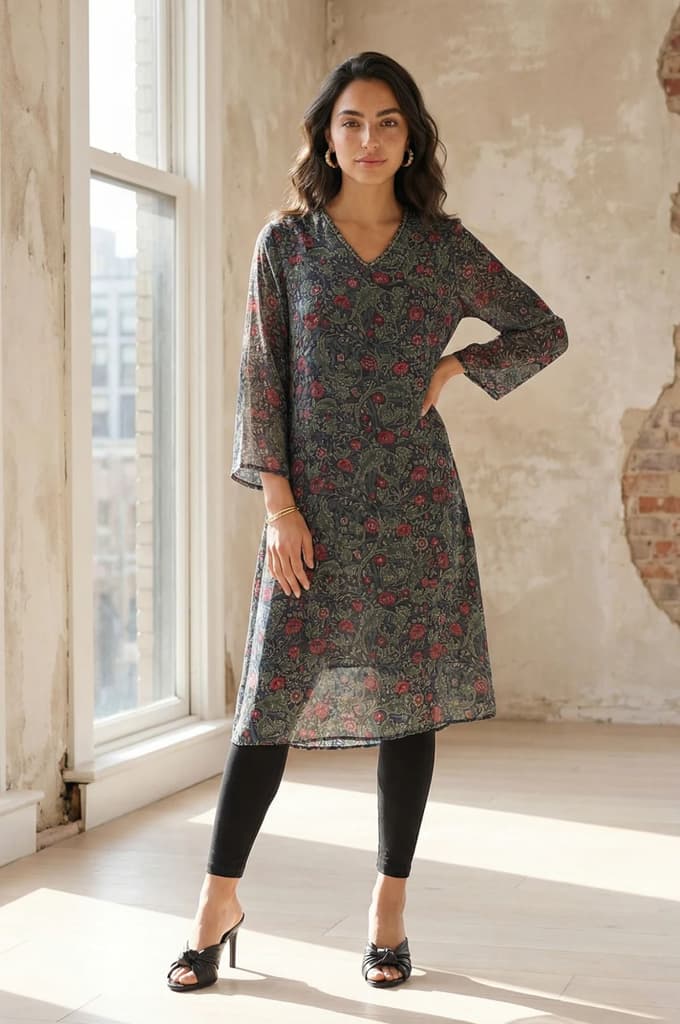 Black Floral Printed Sequins Chiffon Straight Kurta — XS
