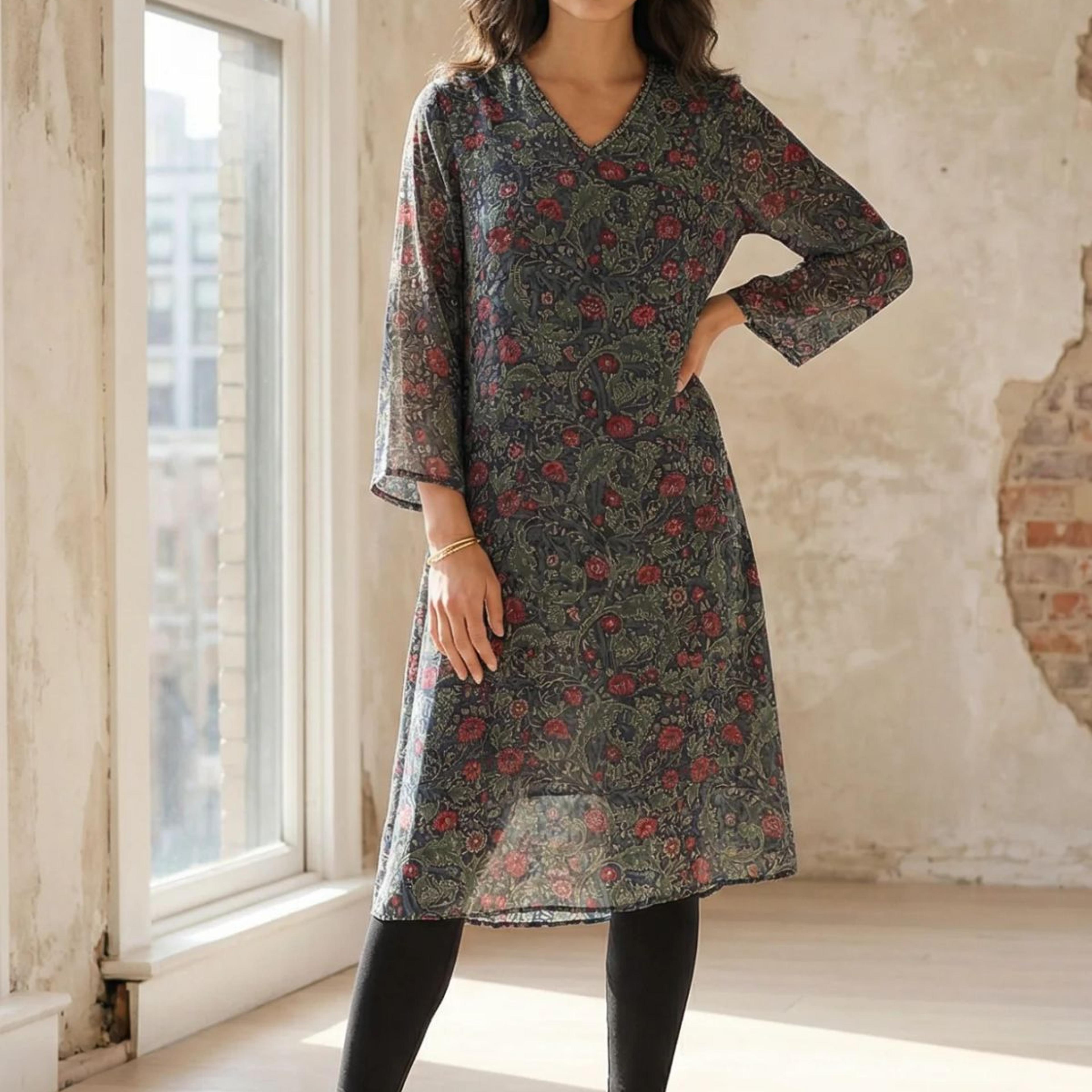 Black Floral Printed Sequins Chiffon Straight Kurta
