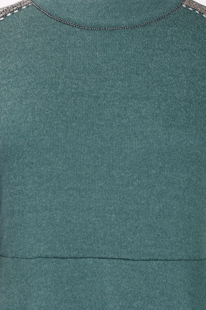 Teal Solid Beadwork Flared Winter Dress — photo 3