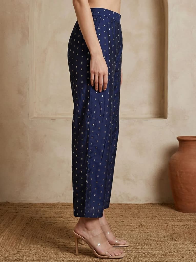 Navy Blue Chanderi Wide Leg Ankle Length Palazzo Pants — photo 6