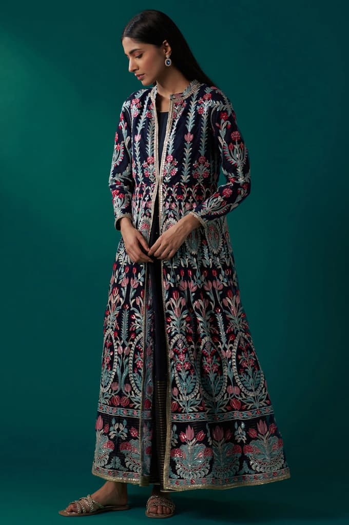 Navy Blue Aari Embroidery Panelled Jacket and Sleeveless Anarkali Dress Set — photo 5