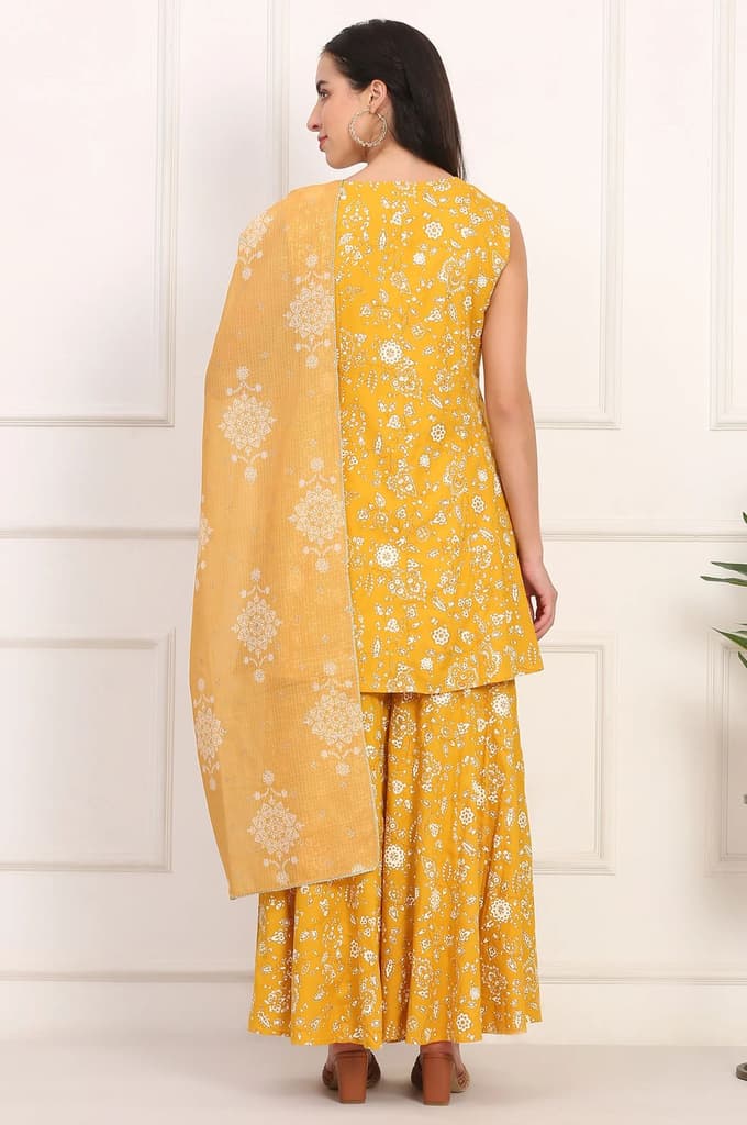 Mango Yellow Floral Printed Embroidered Neck Flared Kurta, Sharara and Dupatta Set — photo 5
