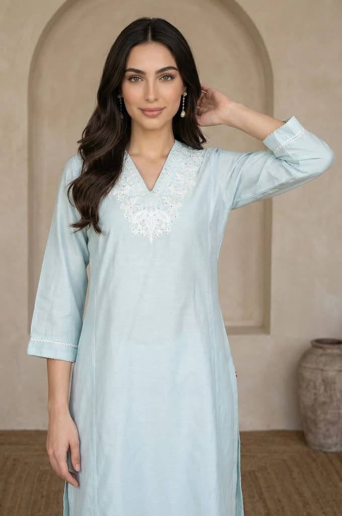 Blue Yarn Dyed Chikankari Embroidered Straight Kurta — photo 3