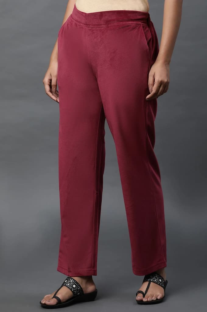 Maroon Solid Straight Fit Velvet Pants With Elasticated Waist — photo 2