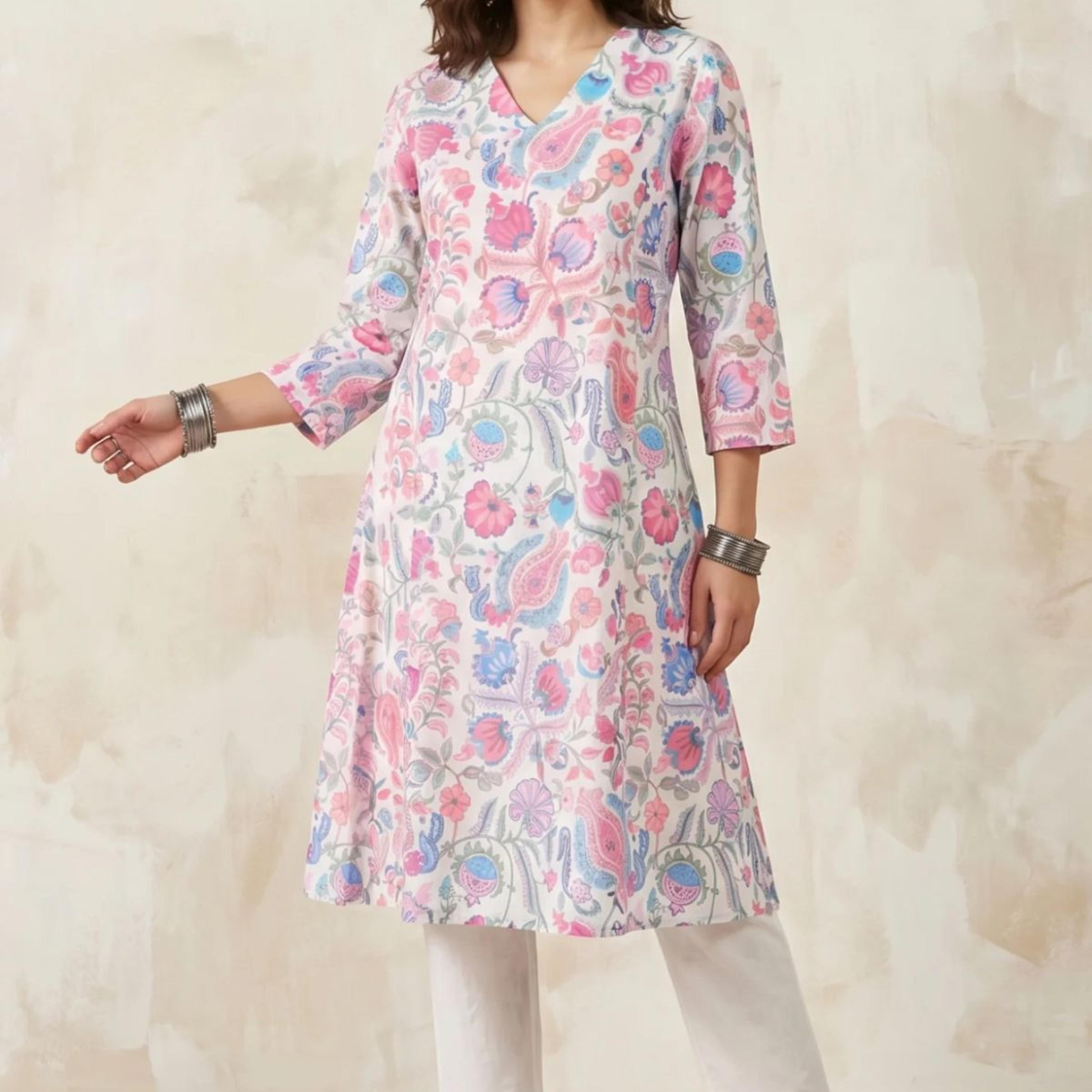 White Floral Printed Pure Cotton Straight Kurta