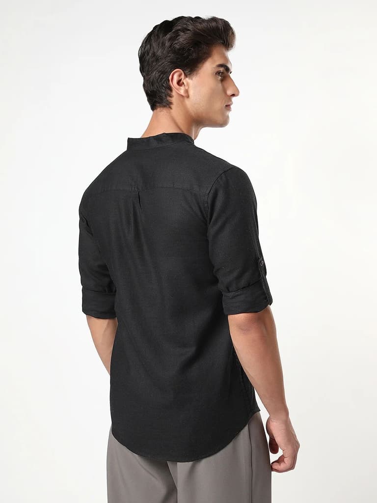 Men's Black Linen Blend Full Sleeve Relaxed Fit Mandarin Collar Casual Solid Shirt — photo 3