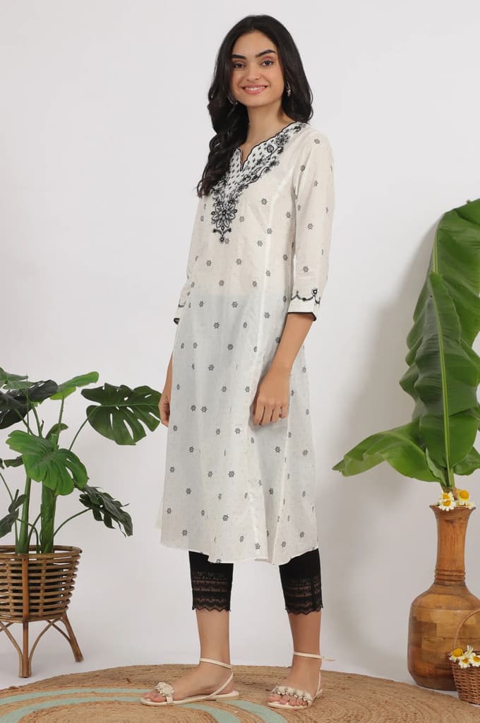 White Printed Cotton Lurex Dobby Flared Kurta with Embroidered Yoke — photo 5