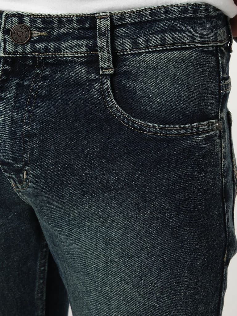 Men's Dark Blue Bootcut Fit Mid Rise Tinted Heavy Washed Jeans Stretchable — photo 5