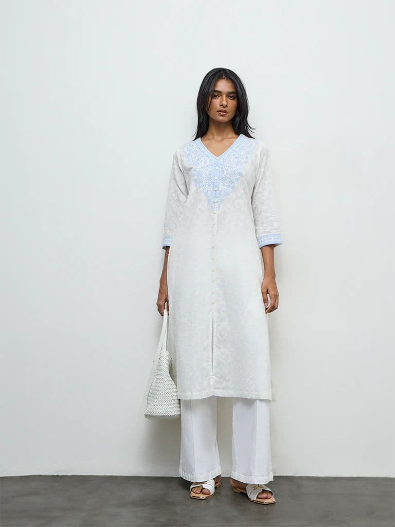 Utsa White Floral Embroidered Cotton A-Line Kurta — photo 2