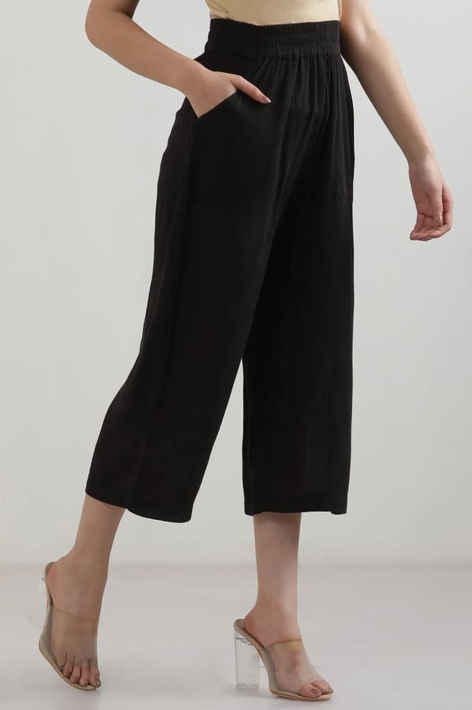 Black Solid Flared Rayon Culottes With Elasticated Waist — photo 5