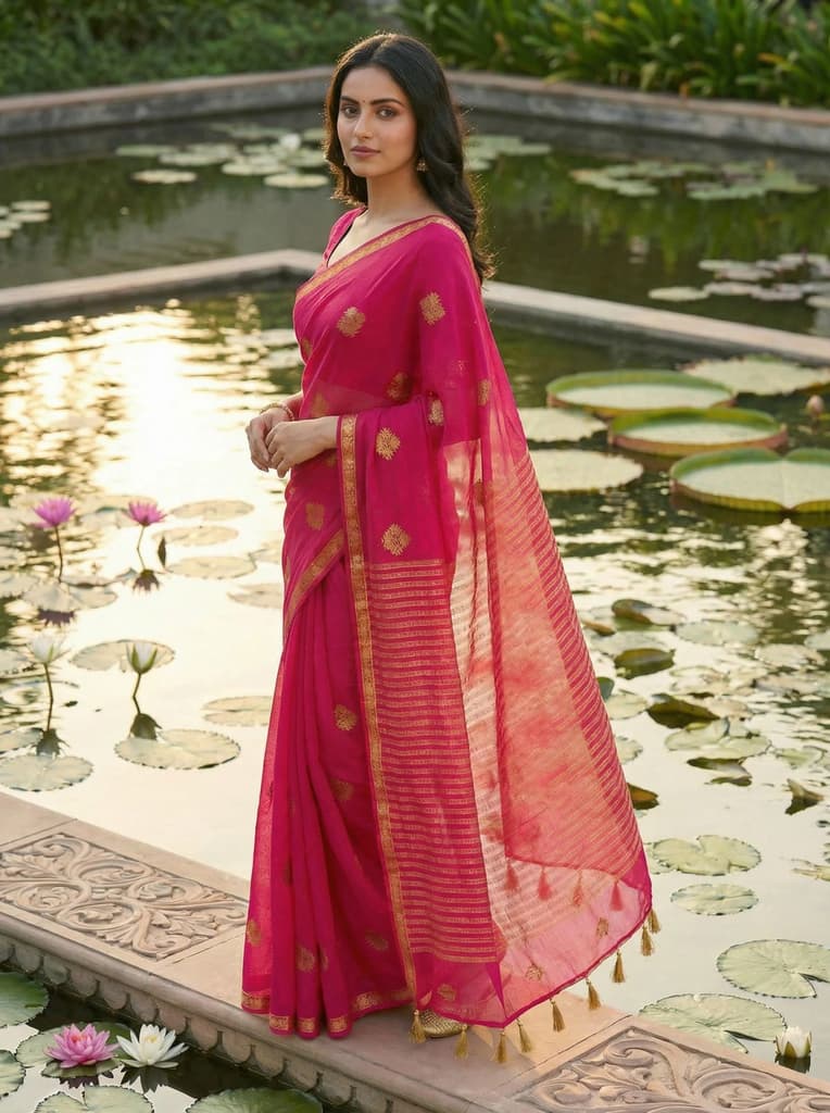MIMOSA Women's Woven Design Banarasi Style Chiffon Saree with Blouse Piece - Rani ( SA00003123RNFREE ) — photo 3
