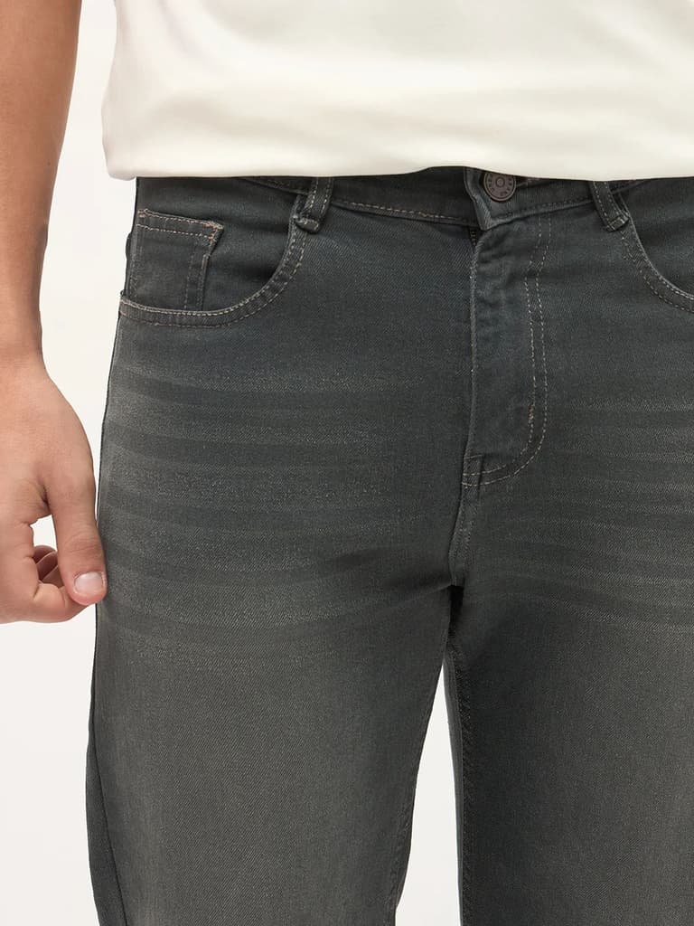 Men's Dark Grey Regular Fit Whisker Wash Yellow Tint Denim Jeans Stretchable — photo 6