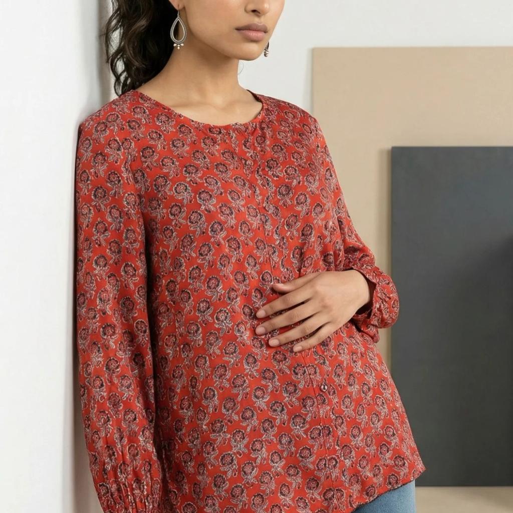 Red Block Floral Printed Satin Straight Top
