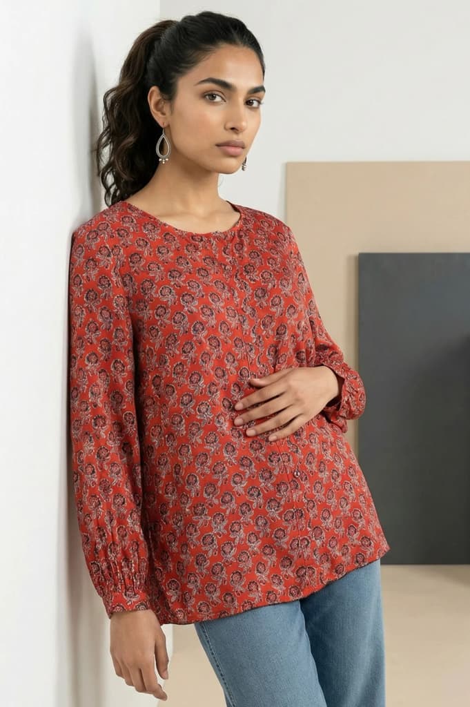 Red Block Floral Printed Satin Straight Top — XS
