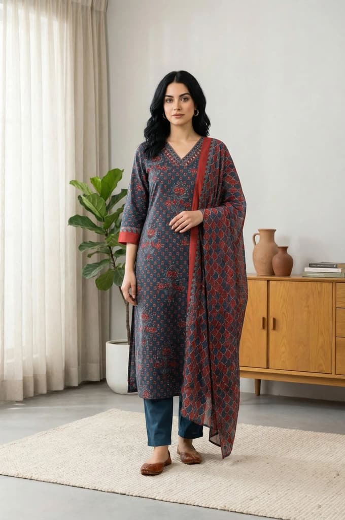 Blue Floral Printed Crepe Straight Kurta with Pants and Dupatta Set — photo 2