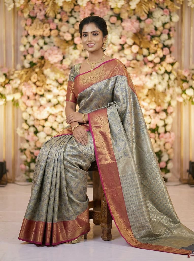 MIMOSA Women's Woven Design Kanjivaram Style Art Silk Saree with Blouse Piece - Navy Blue (SA00002477NVFREE) — photo 4