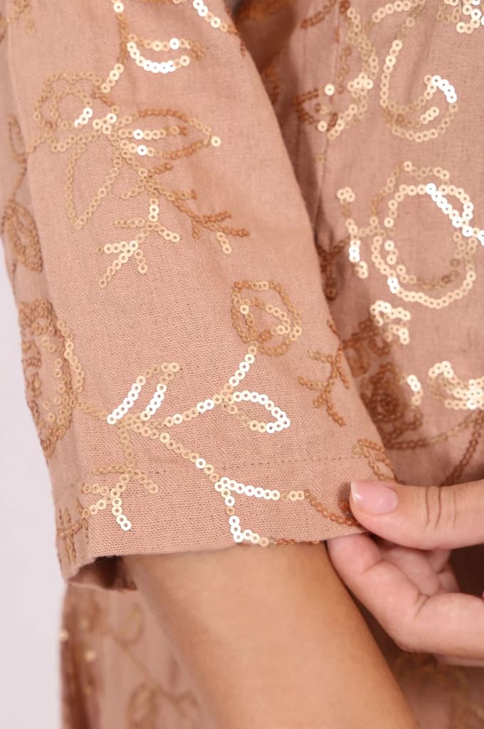 Brown Floral Printed Sequins Straight Rayon Kurta with Flared Pants Set — photo 7