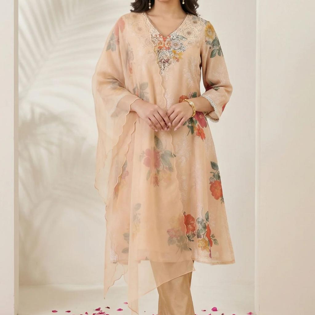 Peach Floral Printed Tissue Straight Kurta with Straight Pants and Dupatta Set