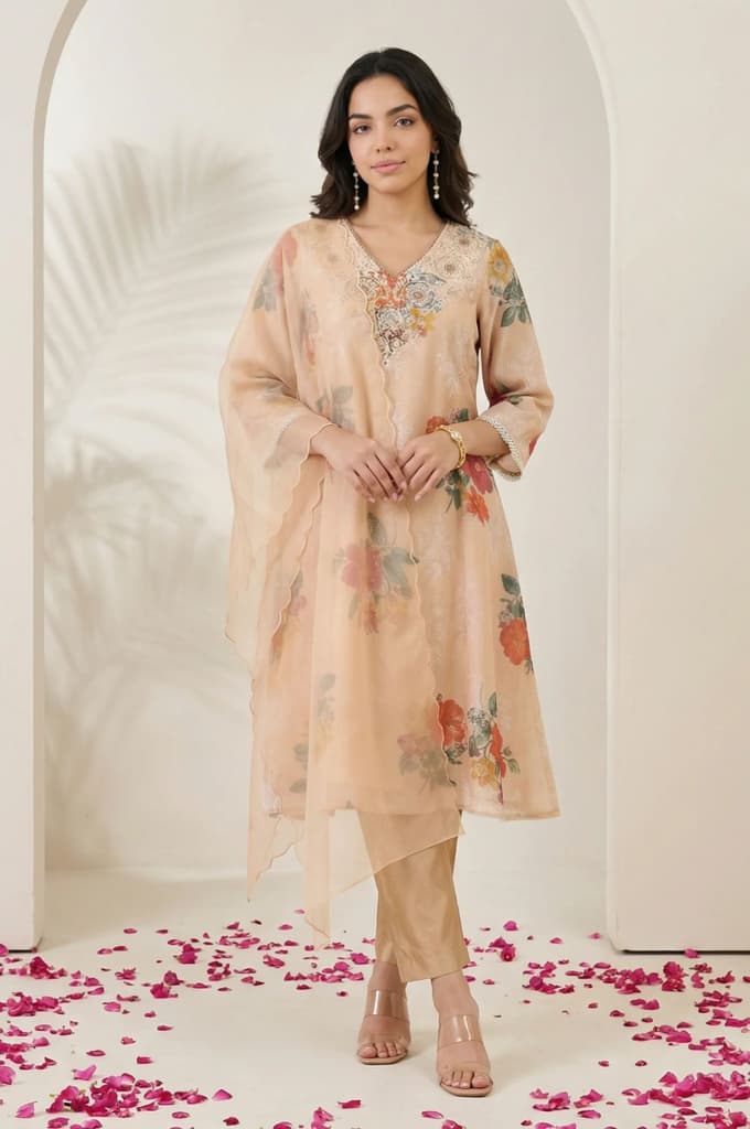 Peach Floral Printed Tissue Straight Kurta with Straight Pants and Dupatta Set — XS