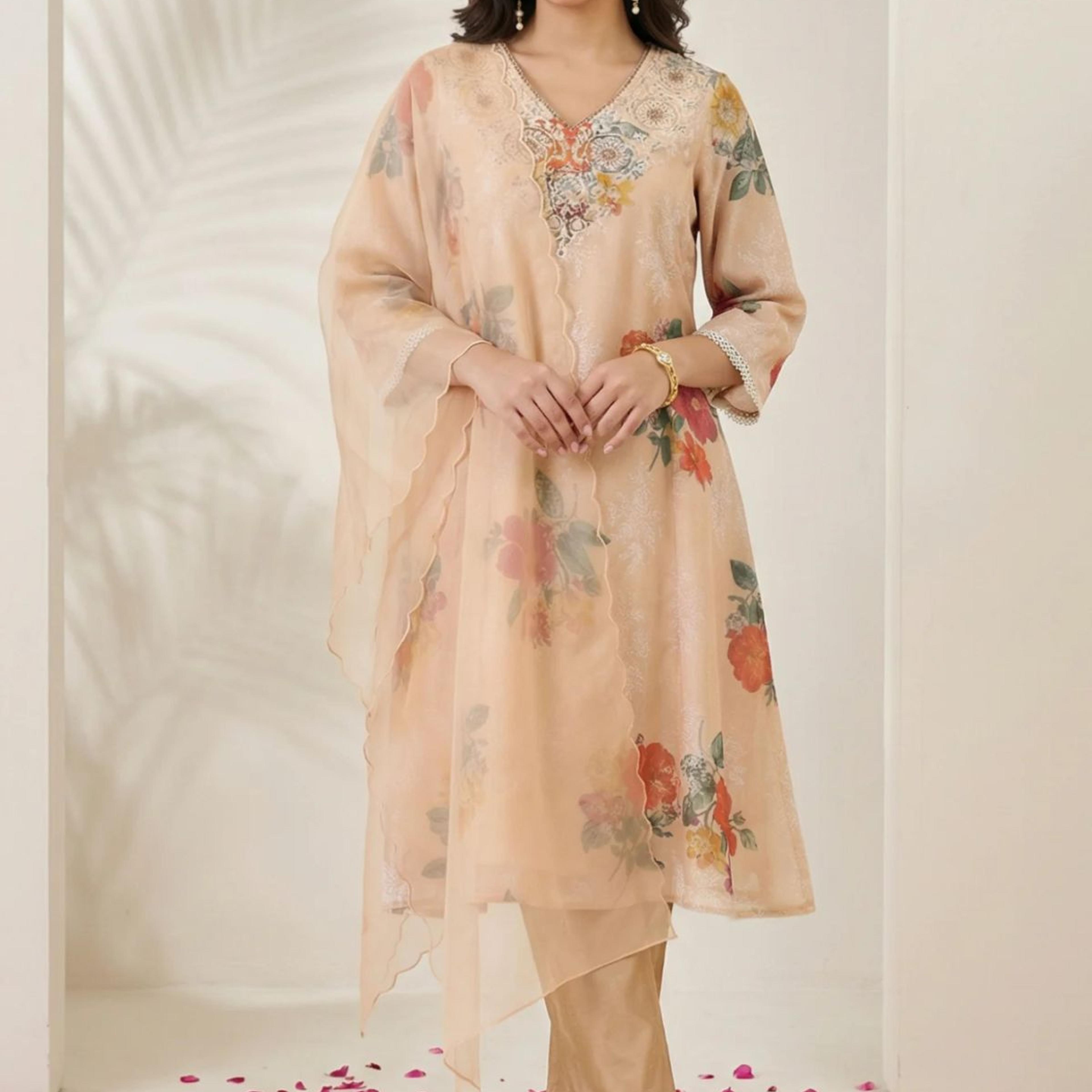 Peach Floral Printed Tissue Straight Kurta with Straight Pants and Dupatta Set
