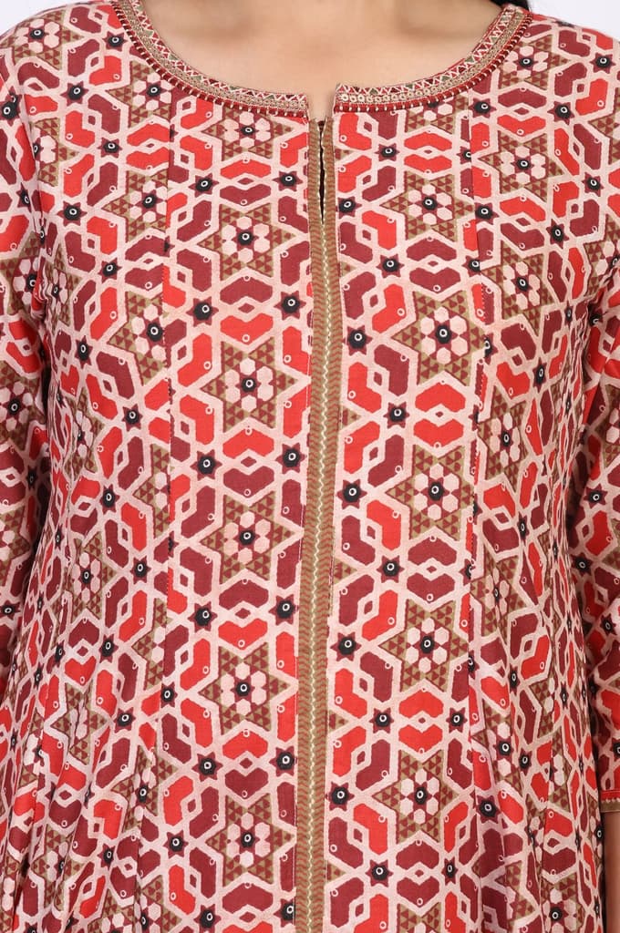 Red Geometric Printed Anarkali Cotton Kurta with Parallel Pant Set — photo 3