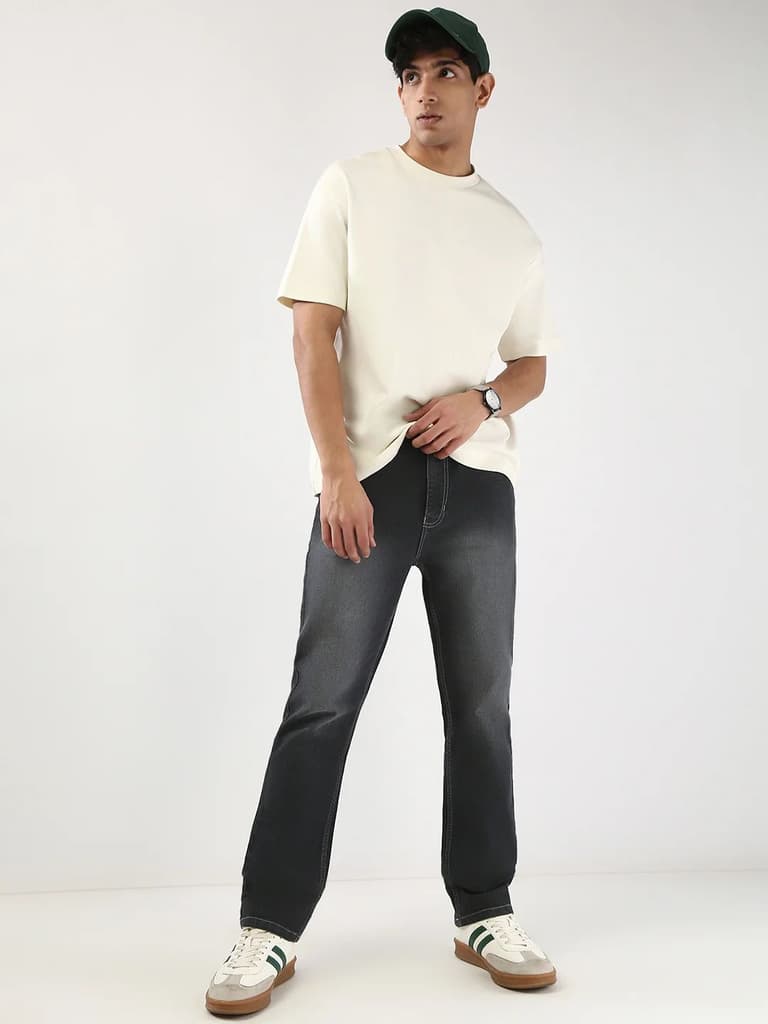 Men's Dark Grey Straight Fit Washed Jeans Stretchable — photo 4