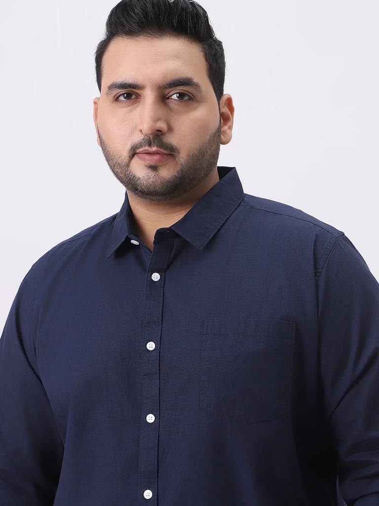 Plus Men's Navy Cotton Full Sleeve Regular Fit Casual Solid Slub Shirt with Spread Collar — photo 5