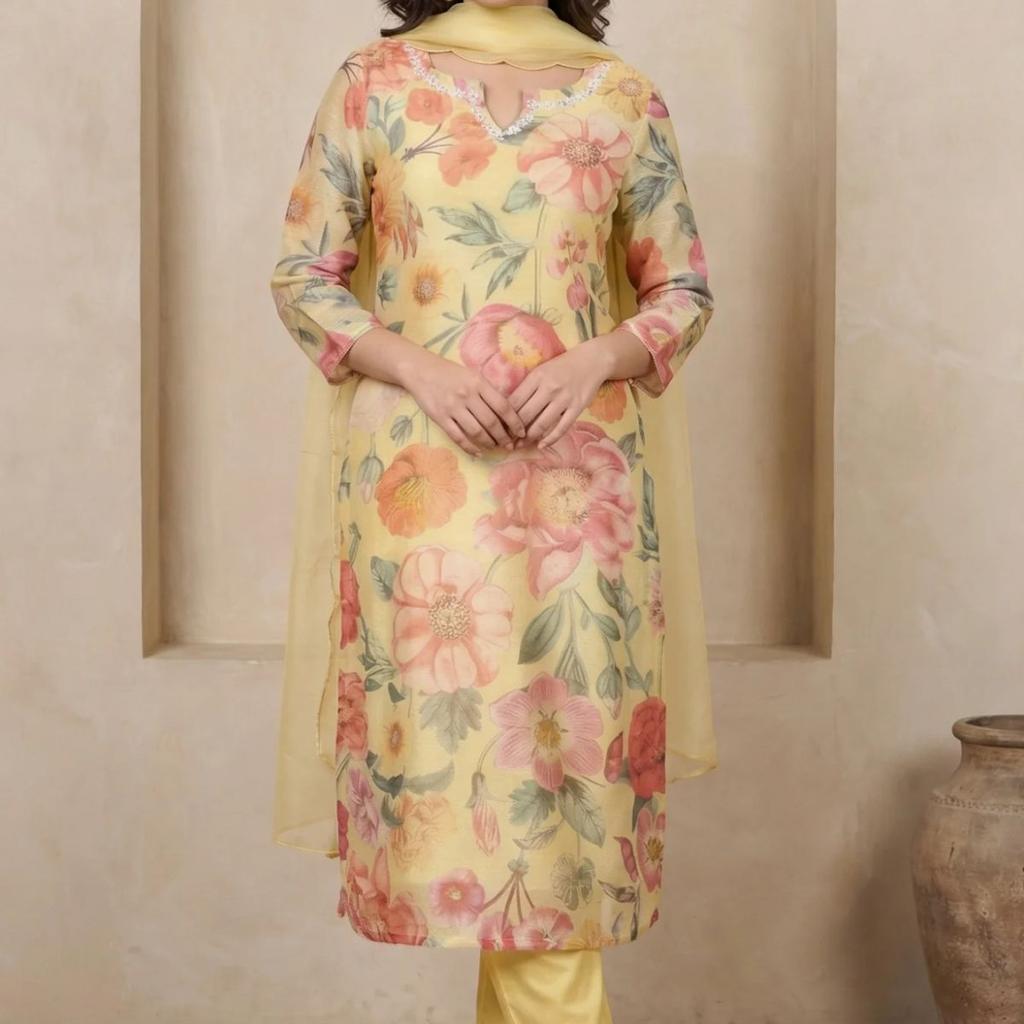 Yellow Floral Printed Beadwork Straight Kurta with Pants and Dupatta Set