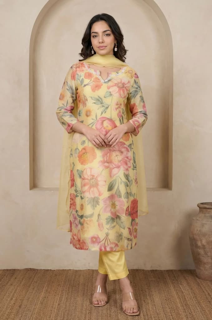 Yellow Floral Printed Beadwork Straight Kurta with Pants and Dupatta Set — XS