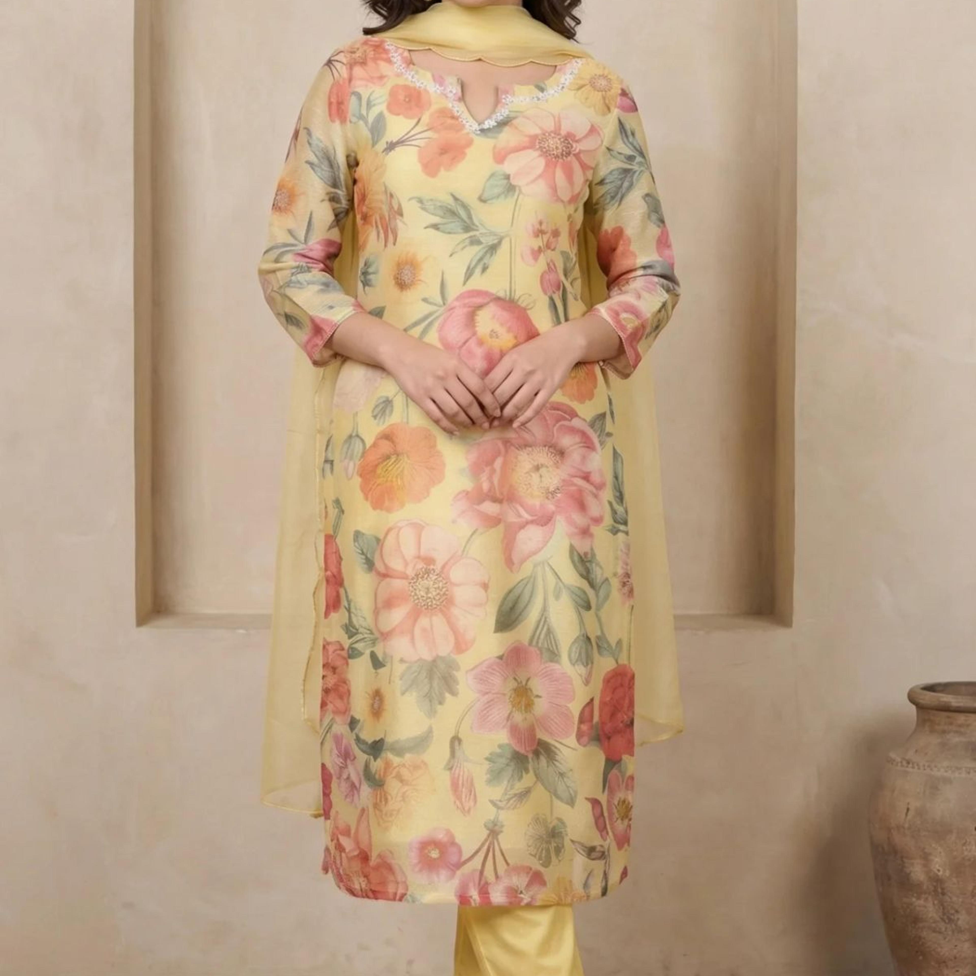 Yellow Floral Printed Beadwork Straight Kurta with Pants and Dupatta Set