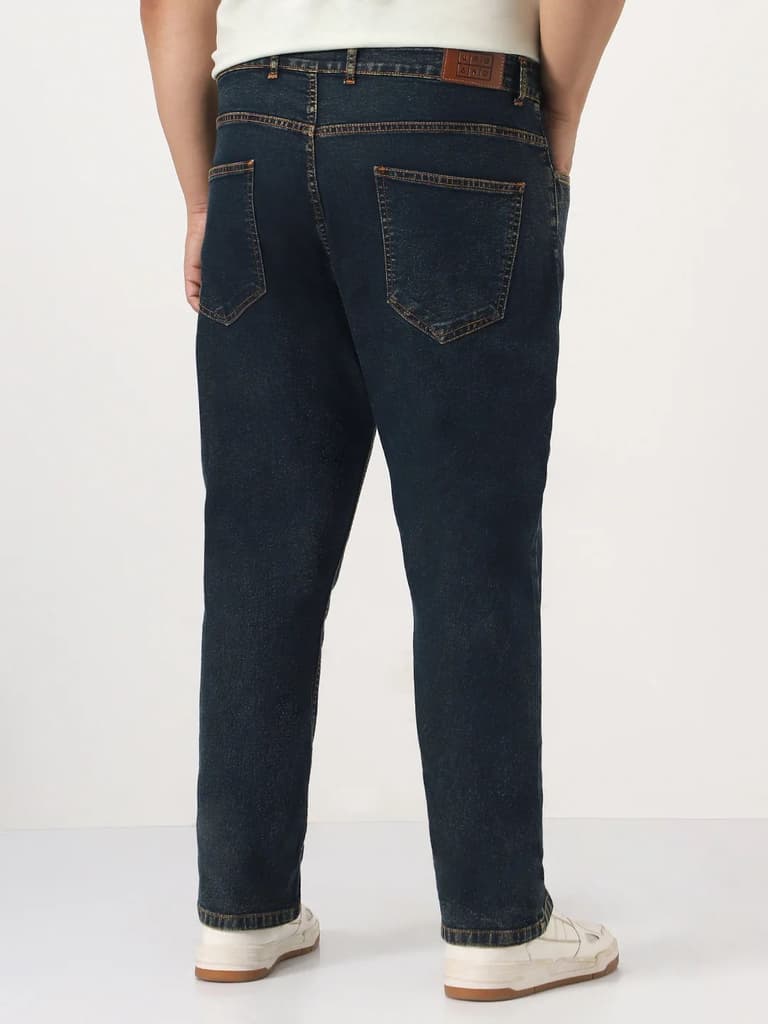 Plus Men's Dark Blue Straight Fit Heavy Washed Jeans Stretchable — photo 3
