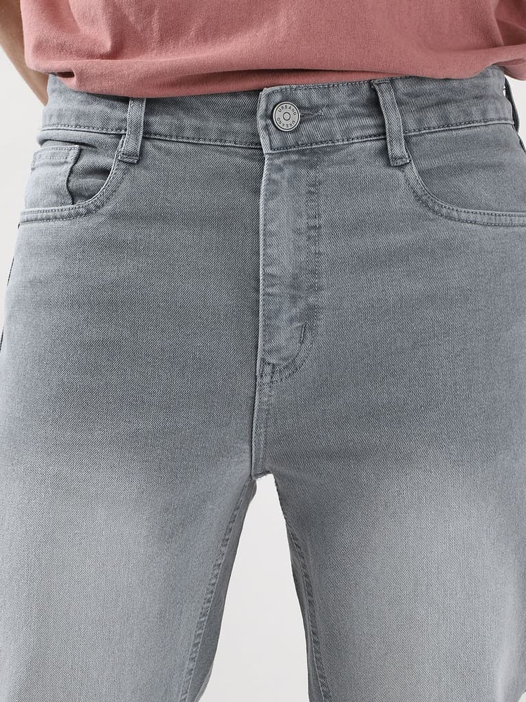 Men's Light Grey Straight Fit Washed Jeans Stretchable — photo 6