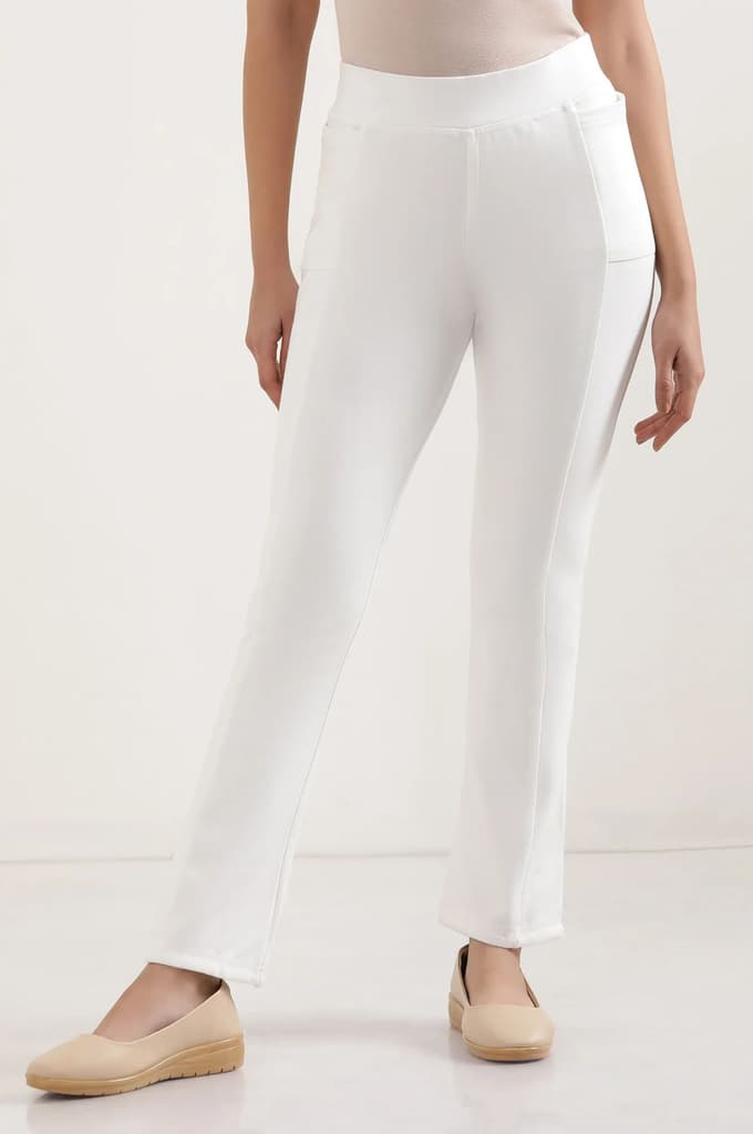 Off White Solid Boot Cut Pants With Elasticated Waist — photo 2