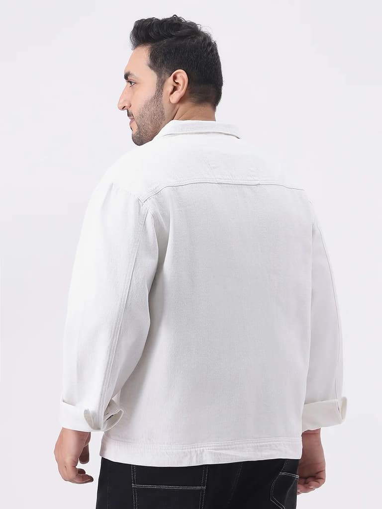 Plus Men's White Relaxed Fit Full Sleeve Utility Denim Jacket — photo 4