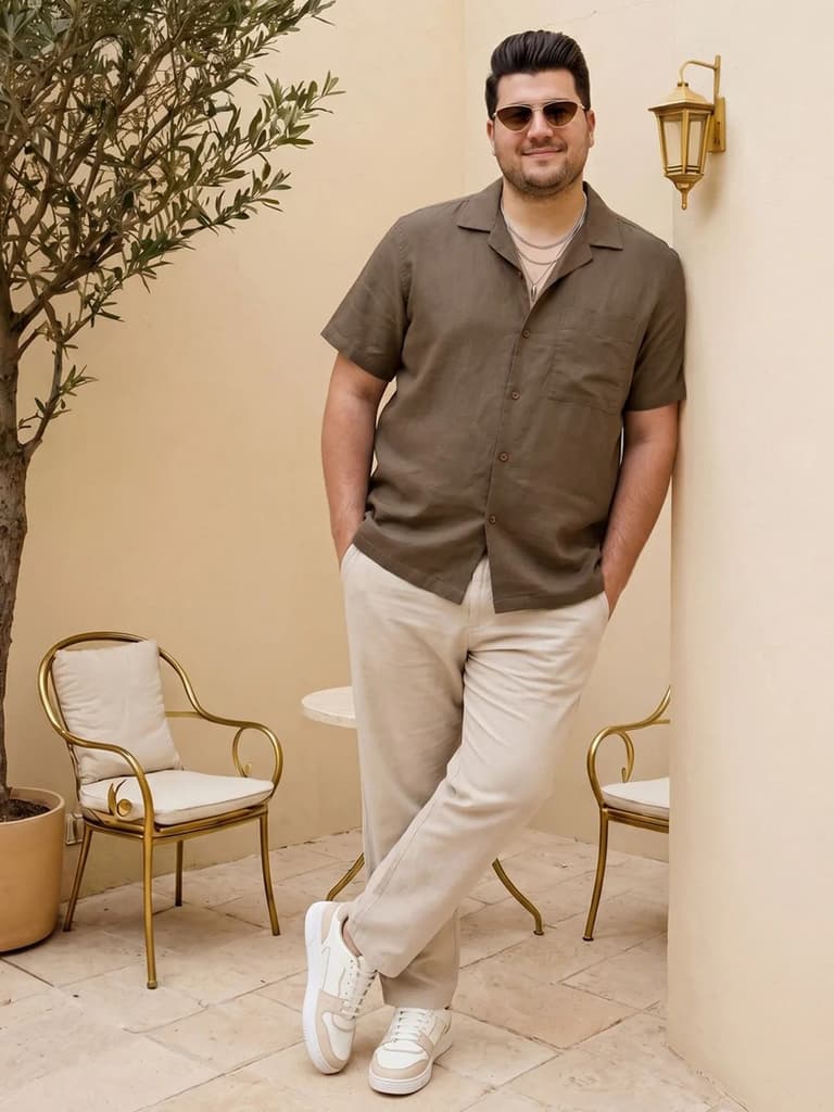 Plus Men's Coffee Linen Half Sleeve Oversized Fit Shirt with Cuban Collar — photo 4